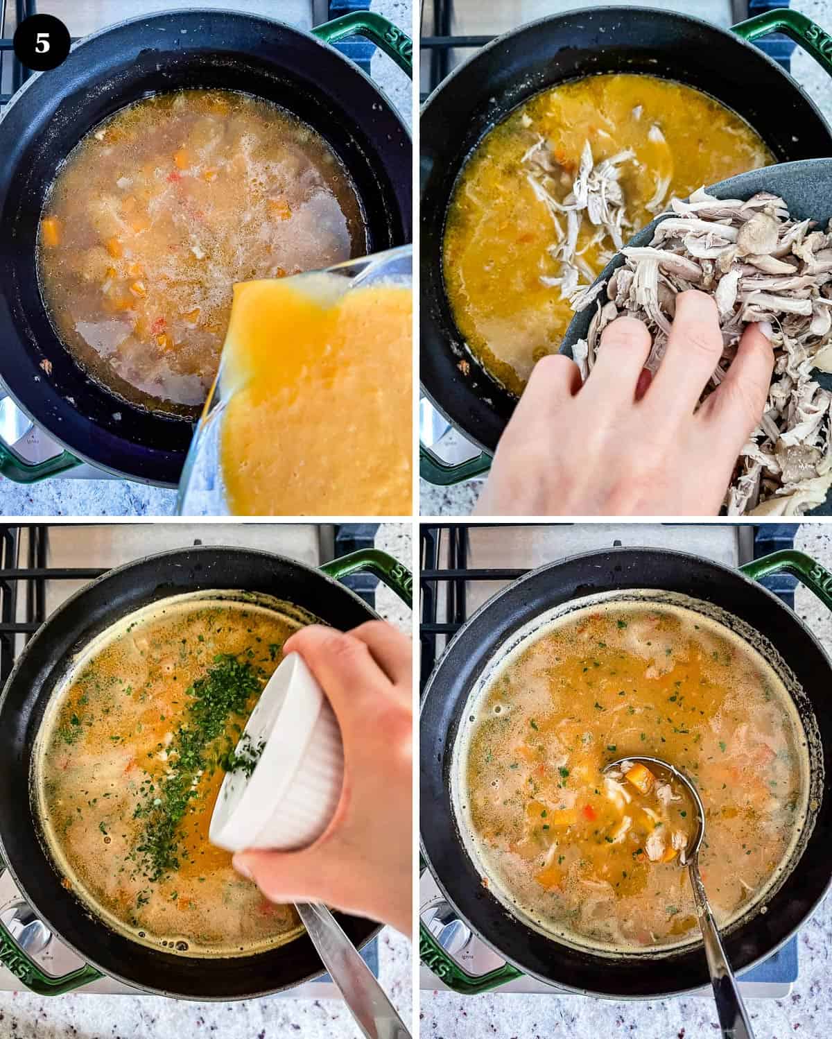 A collage of images showing how to make chicken and butternut squash soup.