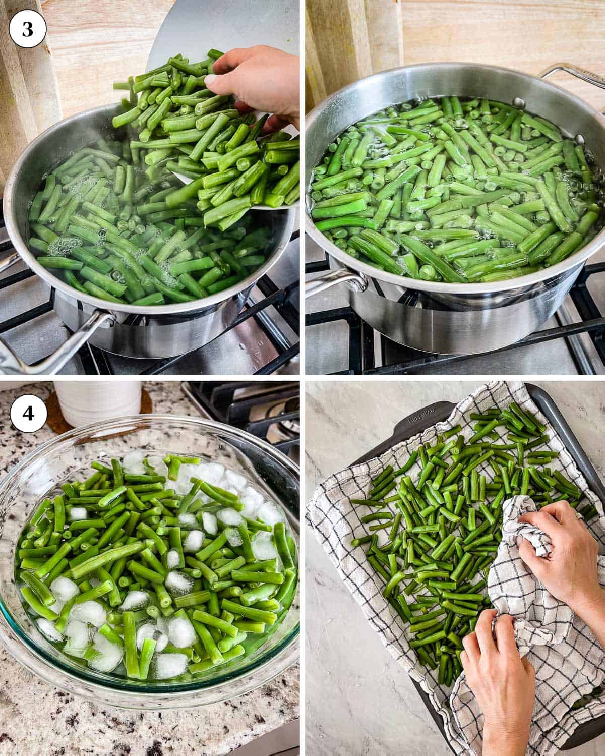 Person blanching green beans to prepare for making green bean casserole.